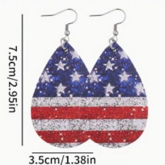 Patriotic American Flag Acrylic Dangle Earrings Water Drop Design Lightweight - Picture 2 of 5